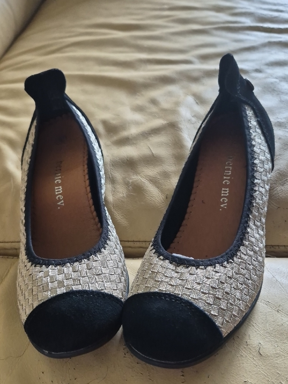 bernie mev. Silver Woven Flats with Black Cap Toe